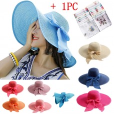 Mujer Large Floppy Folding Wide Brim Cap Summer Sun Straw Beach Hat+Handkerchief  eb-82226525